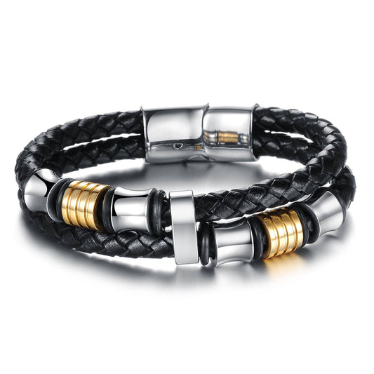 Gold and silver double band leather stainless steel bracelets