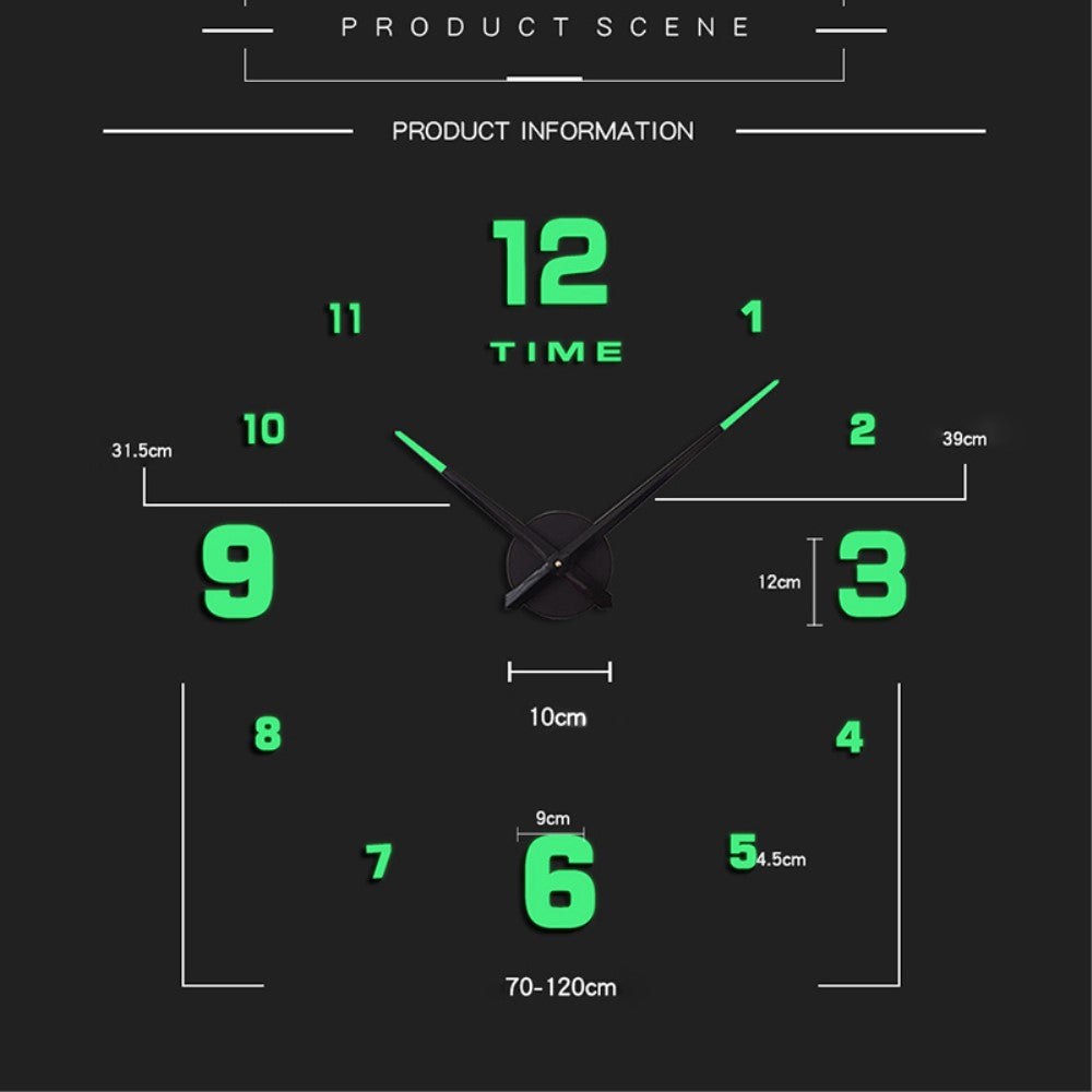 Luminous Mute Wall Clock Silent Non-Ticking Clock 3D Sticker Home Office Decor
